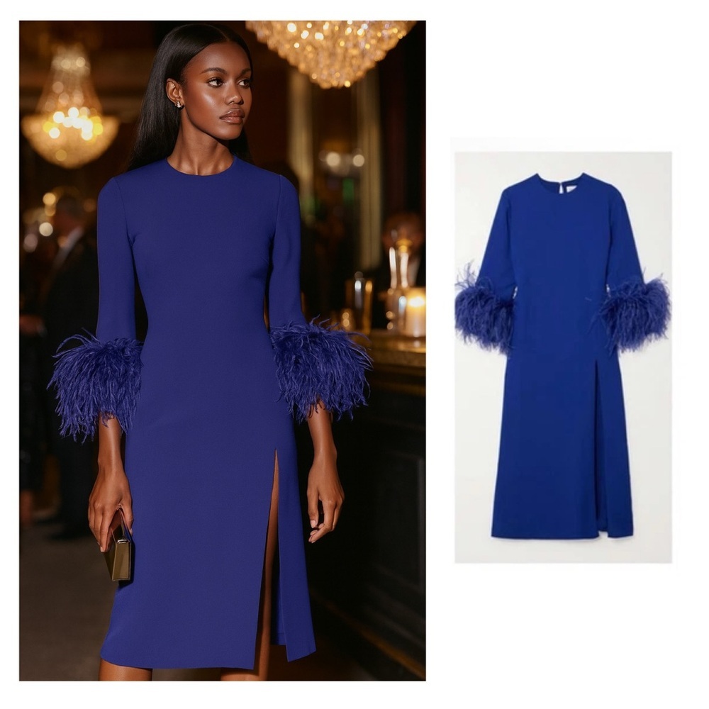 16Arlington Billie Feather Trim Midi Dress Blue Size 6 Cocktail Formal NWT ⚪️